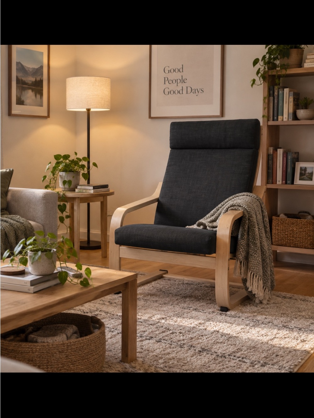 IKEA Black Cushion Armchair with Light Wood Frame